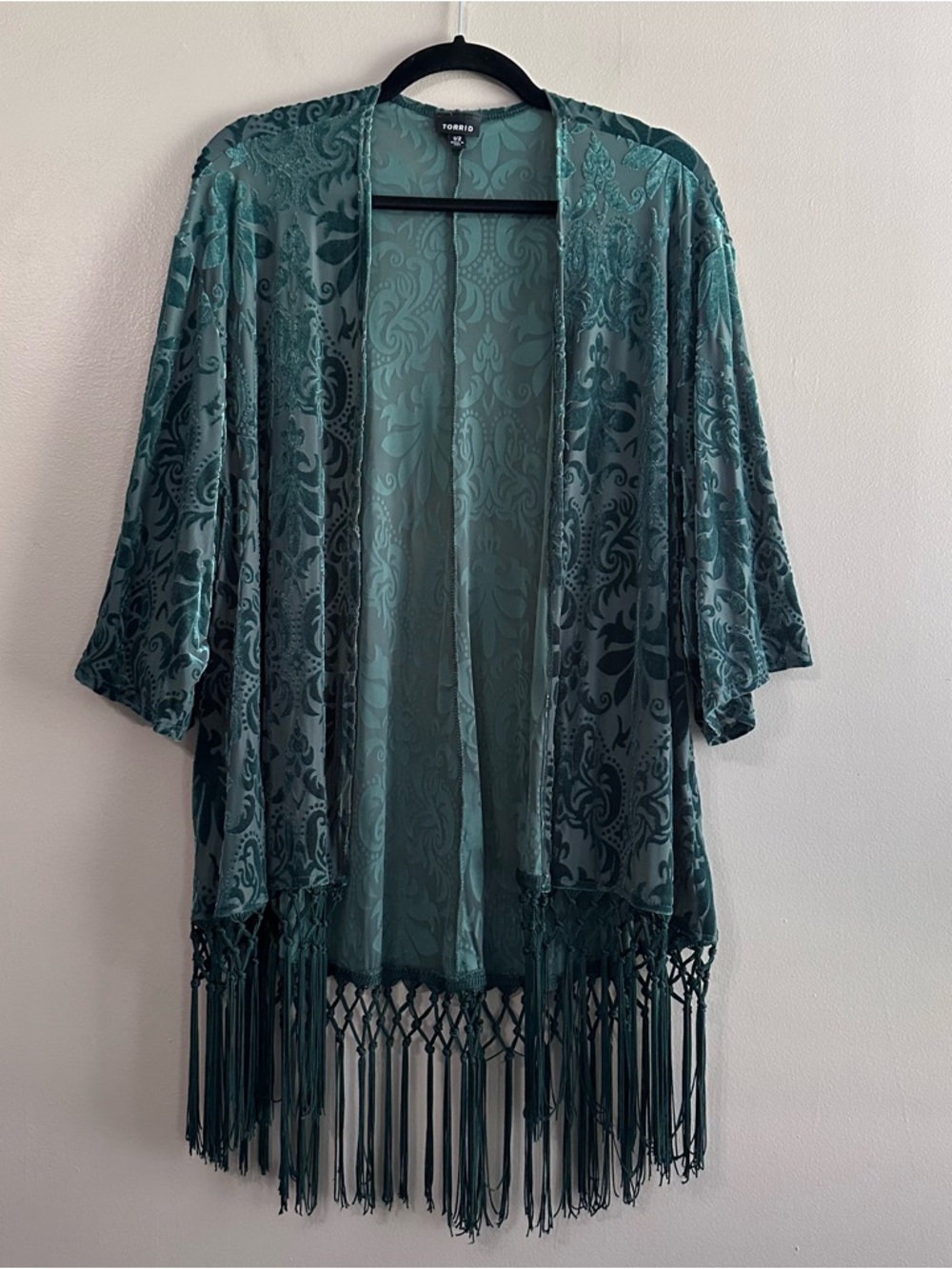 Torrid Emerald Green Velvet Burnout Fringe Open Kimono Womens 1X/2X